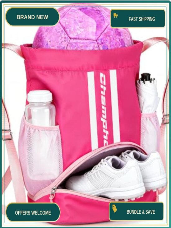 Nylon Drawstring Backpack Soccer Bag with Shoes Compartment Wet/Dry Pocket